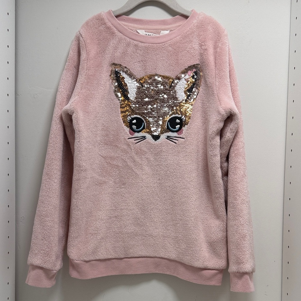H&M Pink Fleece Sweatshirt with reversible Sequin Fox sz 8-10 - Picture 3 of 10